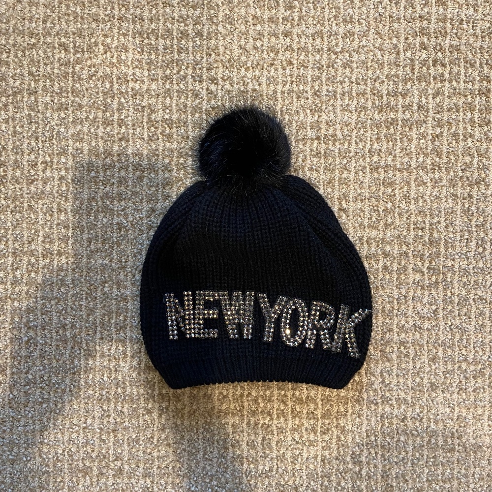 New York Embleished Plush-Line  Knit Hat